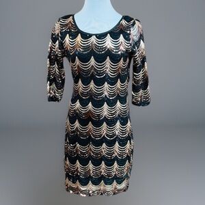 Vintage Windsor, black gold sequin draping open back prom event dress